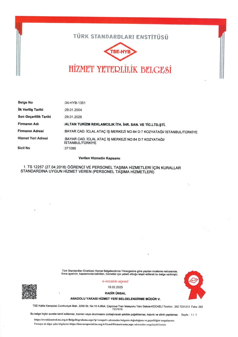 TSE Hizmet Yeterlilik Belgesi 34-HYB-1351 — TS 12257 öğrenci ve personel taşıma hizmetleri