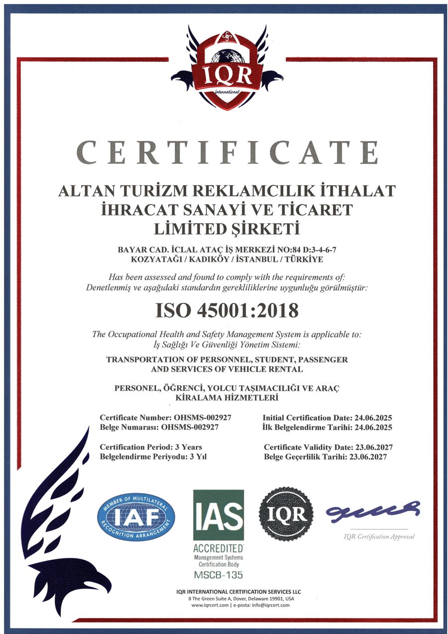 ISO 45001:2018 İş Sağlığı ve Güvenliği Yönetim Sistemi sertifikası, belge no OHSMS-002927