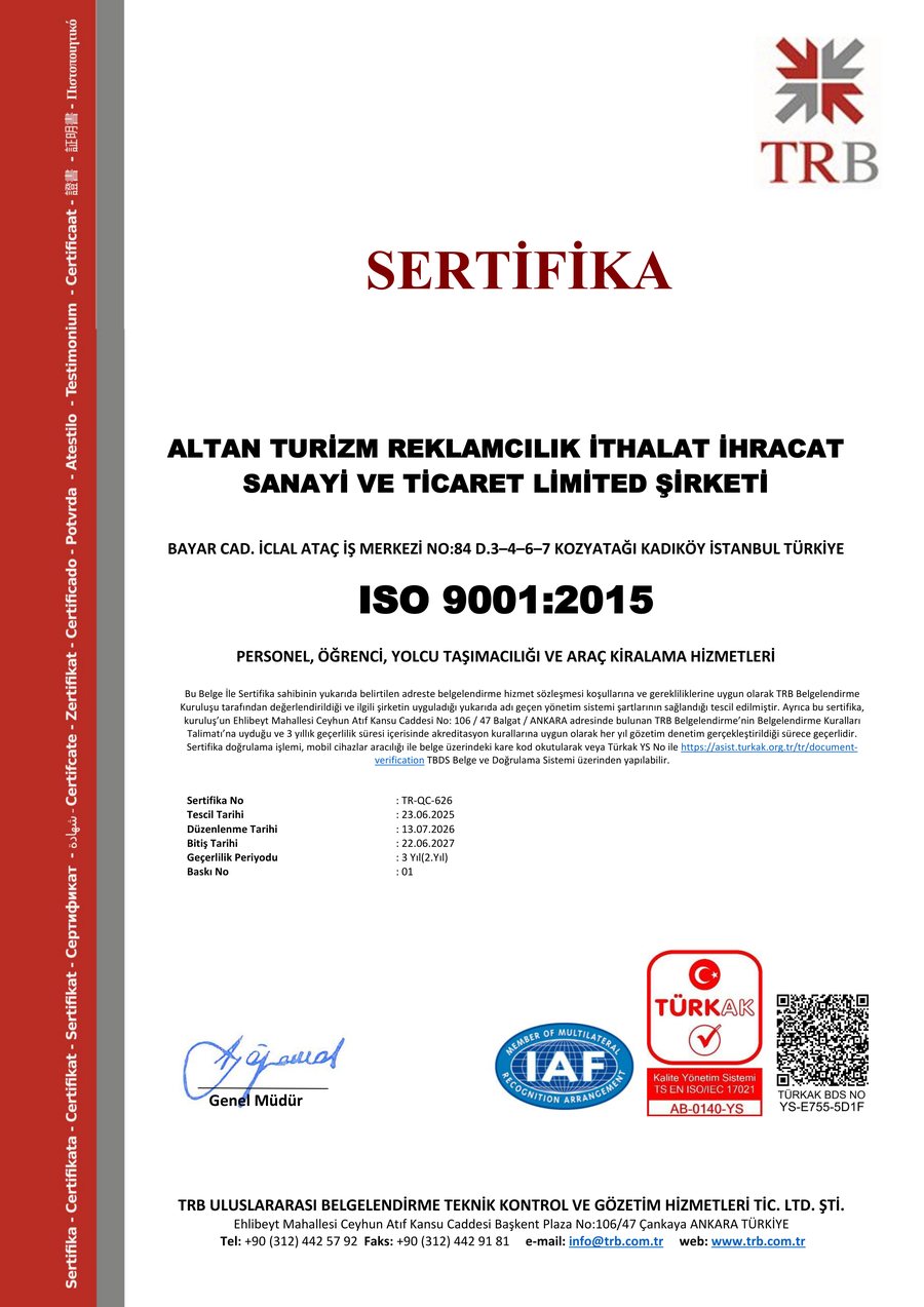 ISO 9001:2015 Kalite Yönetim Sistemi sertifikası, belge no TR-QC-626