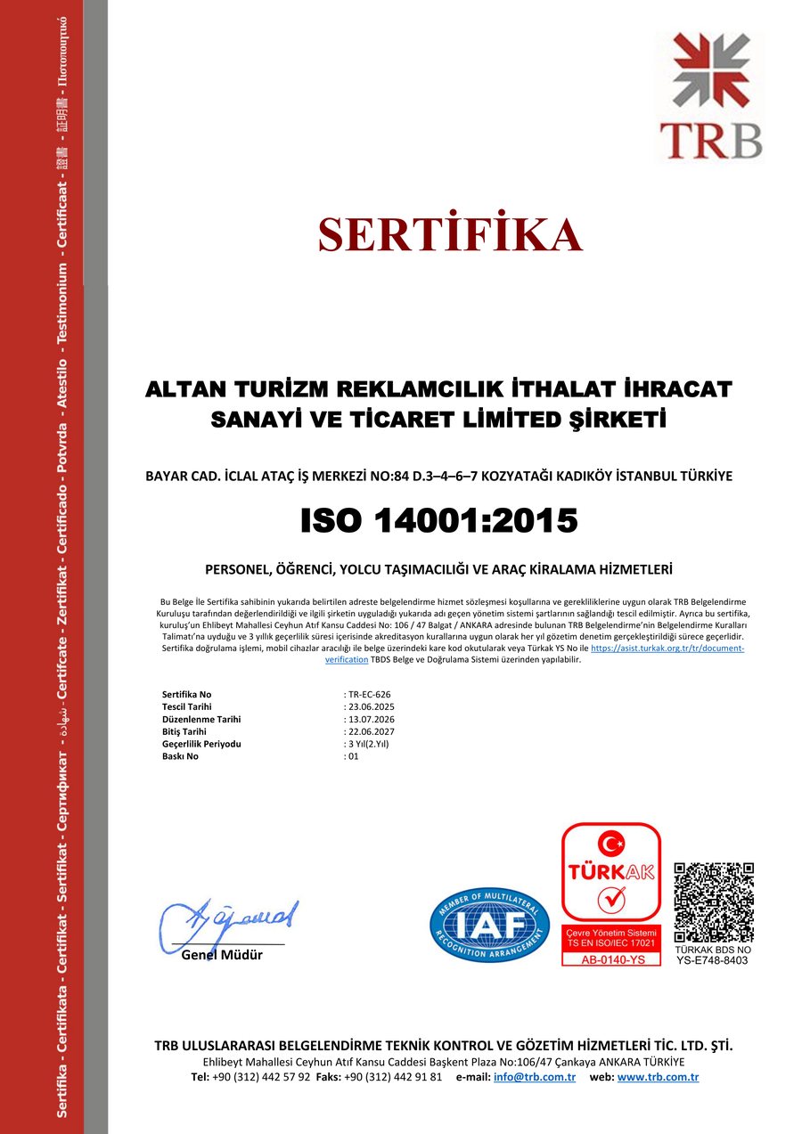 ISO 14001:2015 Çevre Yönetim Sistemi sertifikası, belge no TR-EC-626