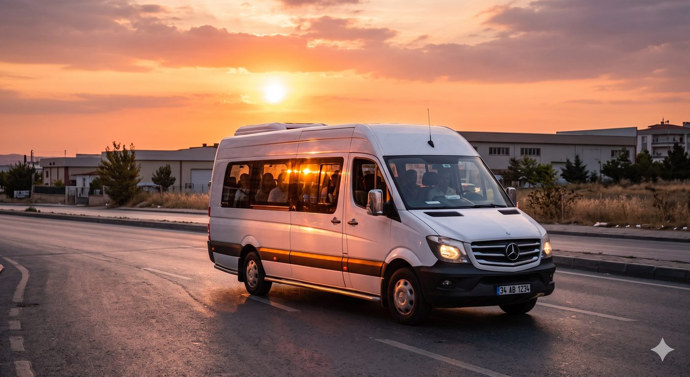 Personel servis minibüsü gün batımında yolda